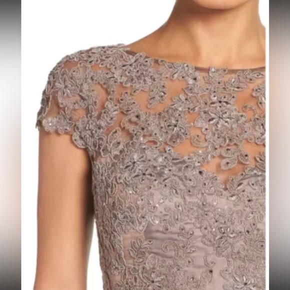 NWT La Femme Illusion Lace Chiffon Embroidered Floor Length Formal Gown A-Line - Picture 2 of 10